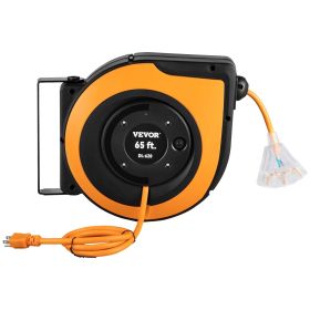VEVOR Retractable Extension Cord Reel, 65 FT, Heavy Duty 12AWG/3C SJTOW Power Cord, with Lighted Triple Tap Outlet, 15 Amp Circuit Breaker